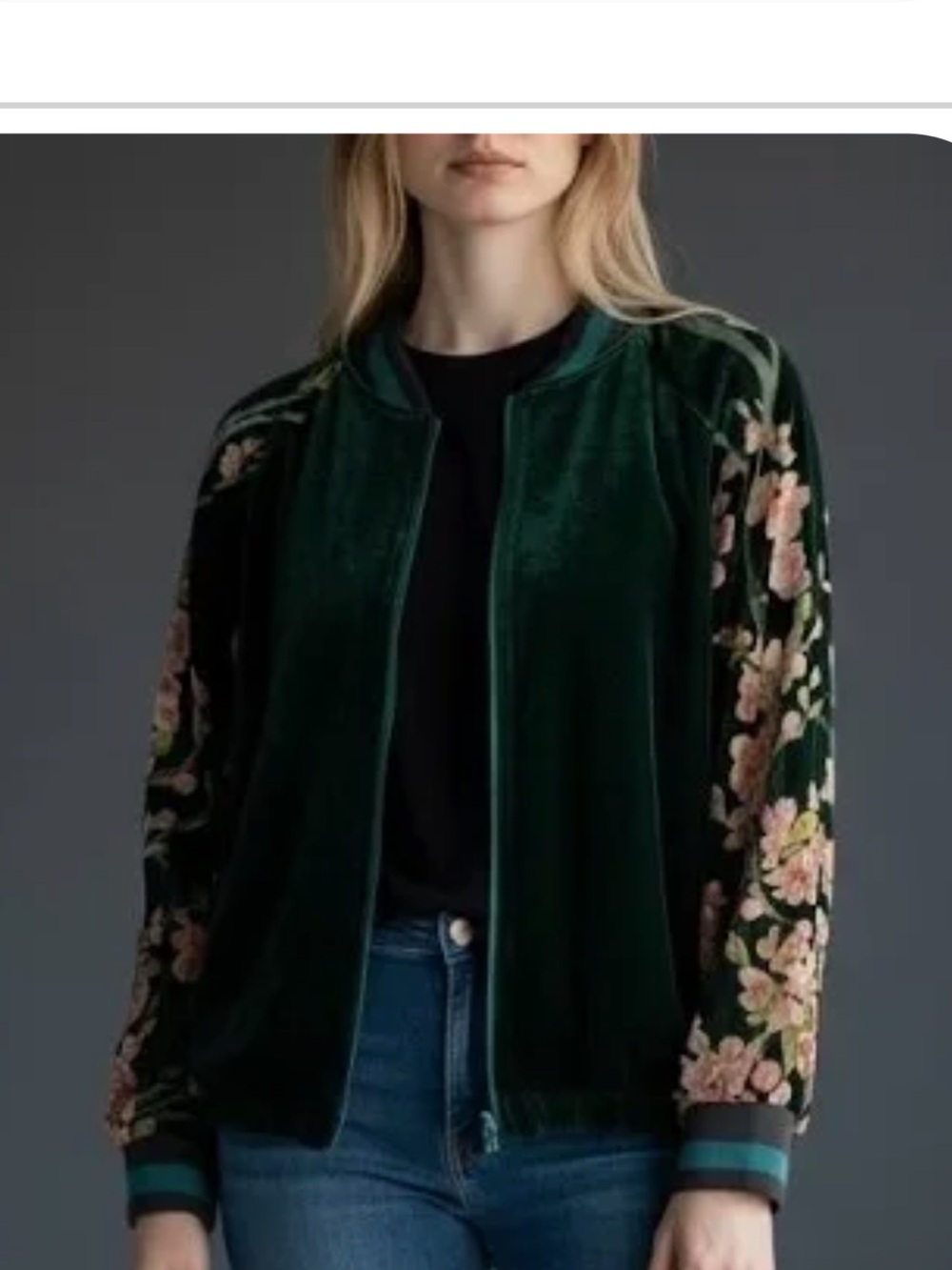 Umgee Emerald Green Velvet Bomber Jacket with Pink Floral Sleeves